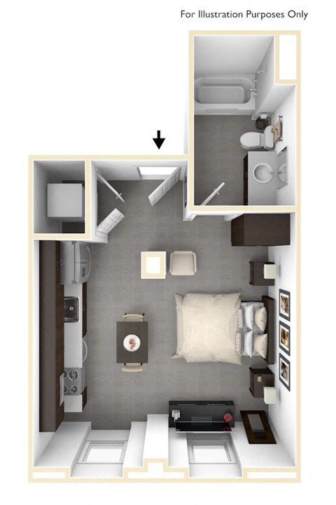 Floor plan for studio, 1 bath, 514 sqft